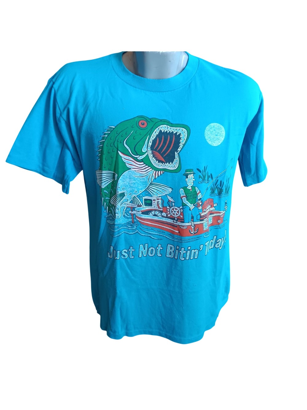 Vintage Large Fishing T-shirt Jerzees Just Not Bitin Today Blue Cartoon 1990's